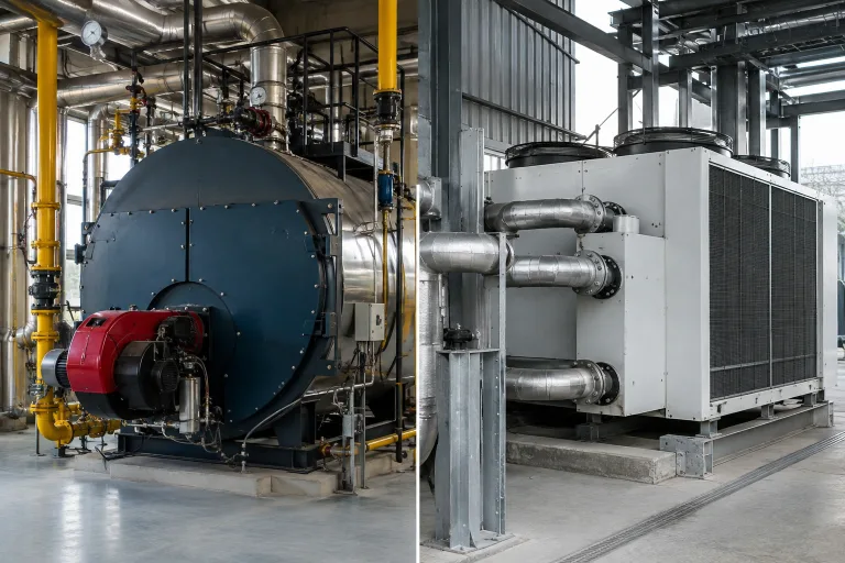 Industrial boiler and heat pump systems in a modern industrial facility
